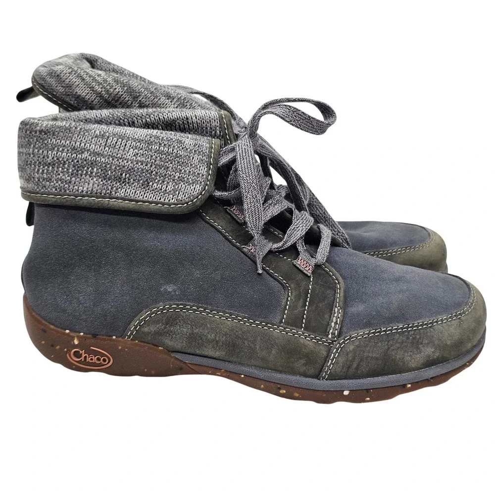 Chaco Barbary Gray/Blue Suede Leather Knit Lace Up Ankle Boot J106392 Womens 9.5